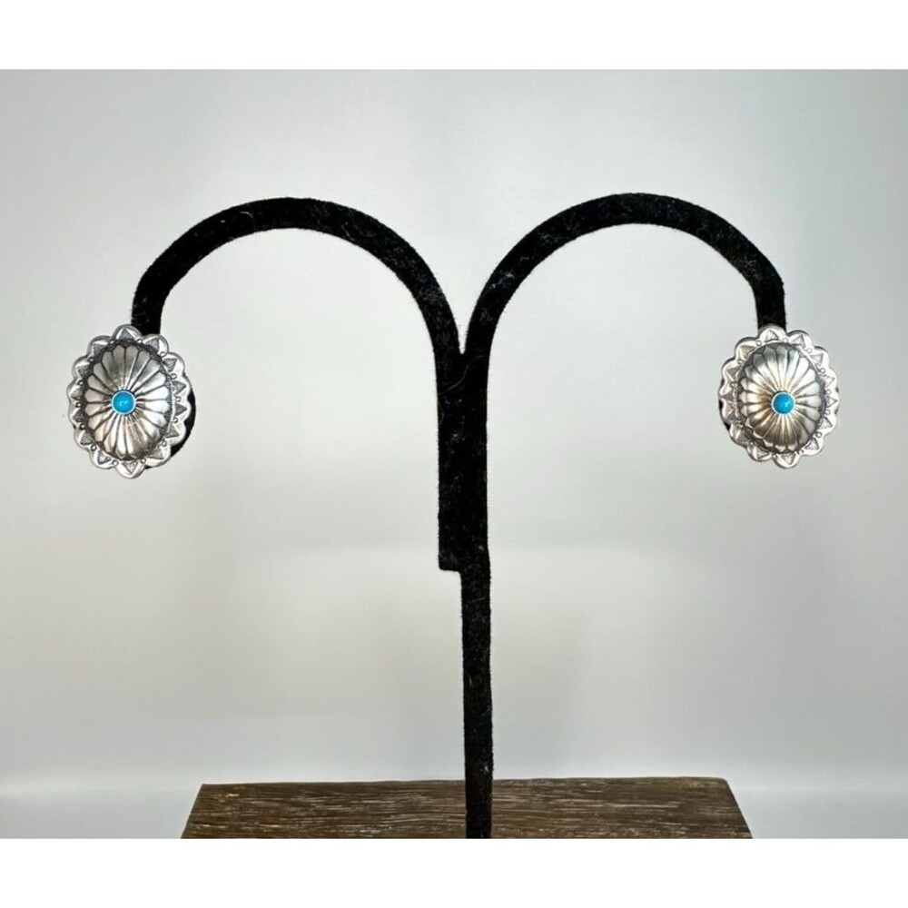 Native American Sterling Silver Sleeping Beauty Concho Earrings 1/2”